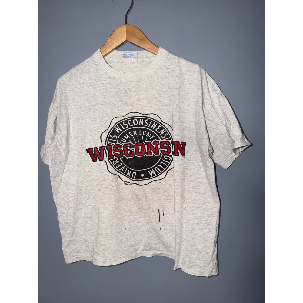 Vintage University of Wisconsin‎ MCM Athletic Style T Shirt XL Gray 1989